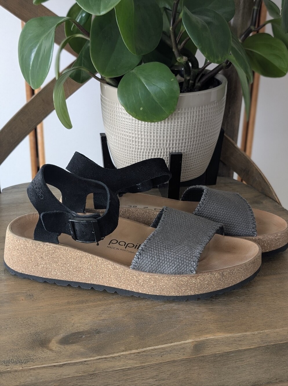 Papillio Birkenstock Glenda 38 Platform Sandal Gray Canvas Suede Ankle Strap - Picture 6 of 11